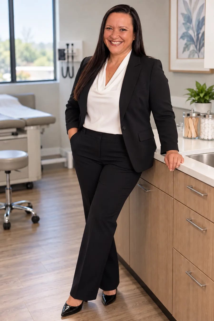 Nadine M. Martinez, RN, standing in a clinic exam room