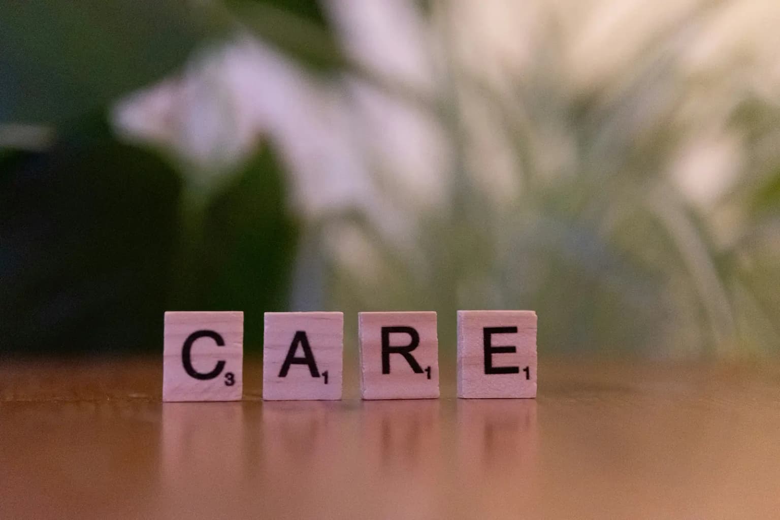 Fichas de madera que forman la palabra CARE (cuidado)